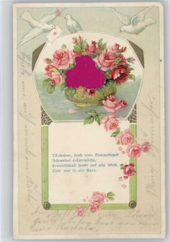 1909 Tauben mit Brief , Gedicht Rosen Jugendstil , Seidenapplikation