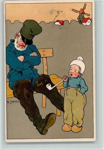 1906 Holzschuhe, Pfeife - sign N. John AK