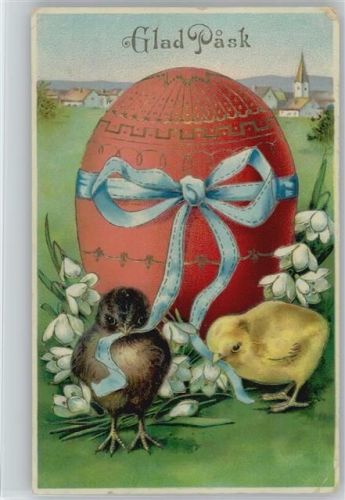 1921 Riesiges Osterei mit blauer Schleife, Küken spielen damit , Maiglöckchen litho