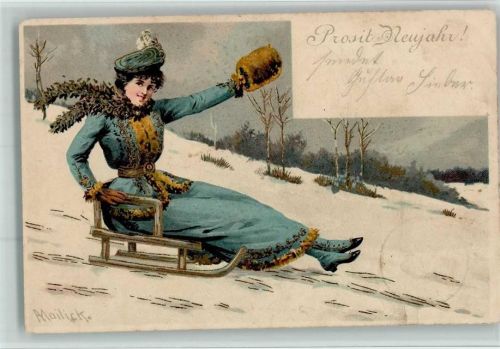 1903 Erika Nr. 584 - Glamour Frau auf einem Schlitten, Muff AK