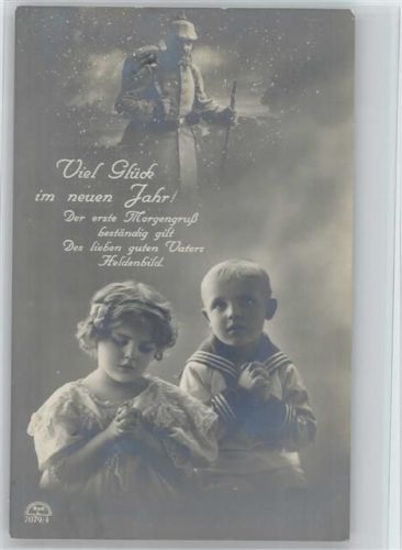 Neujahr - Kinder beten für den Vater- Soldat im Schnee - Foto AK Christliche Propaganda