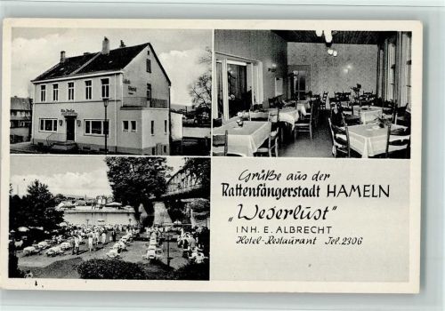 Hameln 1961 Restaurant Weserlust mit Innenansicht und Gartenterrasse, gute Erhaltung AK