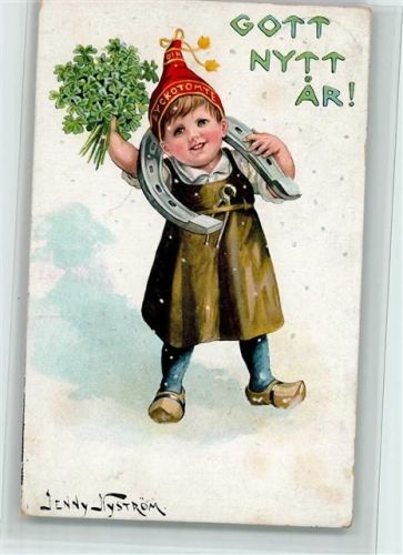 Kind mit Holzschuhe, Hufeisen und Klee - Gott nytt AR - Neujahr Nyström, J. Gebrauchsspuren
