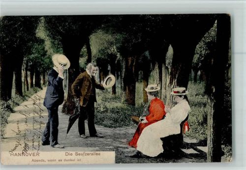 Hannover 1909 die Seufzerallee Frauen auf der Bank Grüssende Herren Abend, wenn es dunkel ist Bahnpoststempel Zug 18