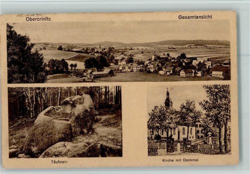 Obercrinitz 1932 Obercrinitz, Täufstein, Kirche mit Denkmal