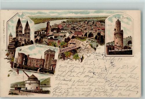 Andernach 1899 Gruss aus - Litho - Runder turm, Alter Kran,