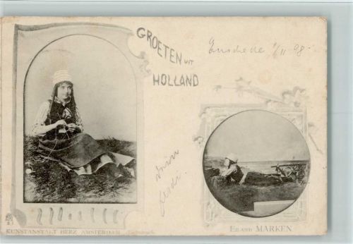 1898 Trachtenmädel beim Stricken 1898 AK