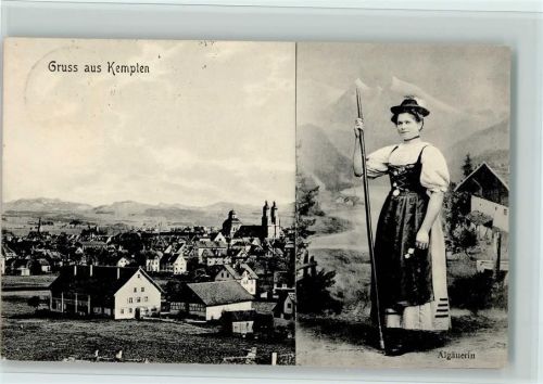 Kempten 1913 Teilansicht, Allgäuer Tracht, AK