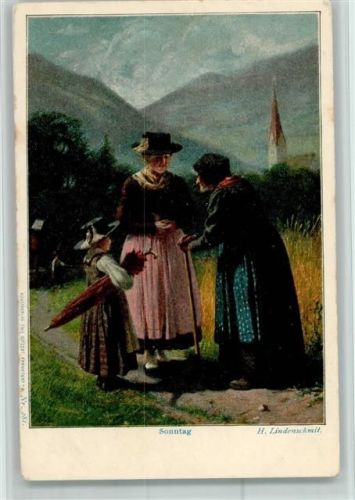 1900 Sonntag - Kirchgang, Regenschirm, sign Lindenschmit - gute ERhaltung