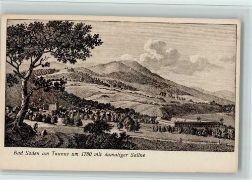 Bad Soden Anno 1780 mit damaliger Saline, Werbekarte der Sodener Warmbrunnen Mineralprodukte