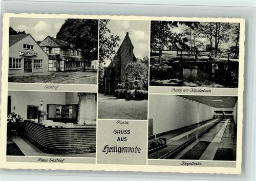 Heiligenrode 1960 Pleus Gasthof mit Innenansicht, Tresen, Kegelbahn, Kirche, sehr gute Erhaltung AK