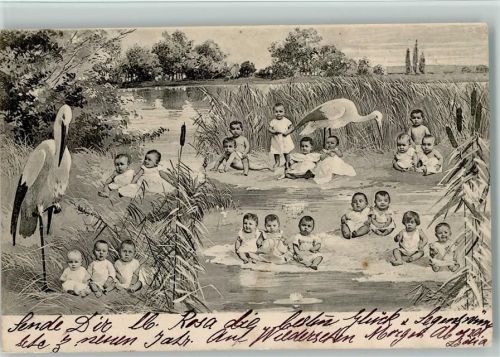 1903 B.K.W. Nr. 765-1 - Babys sitzen am Teich, Störche, Pompesel