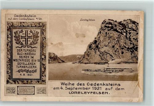1921 Weihe des Gedenksteins auf dem Loreleyfelsen - Turnbau Süd Nassau seinen im WK I gefallenen Turnbrüdern