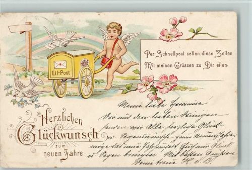 Neujahr - Amor bringt Eil-Post mit einer Schubkarre und Briefkasten