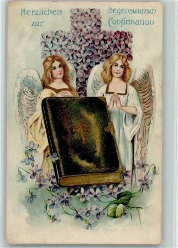 1909 Zwei Engel mit einer großen Bibel, Blütenkreuz AK