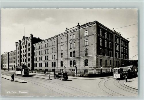 Zürich 1936 Kaserne und Straßenbahnen AK