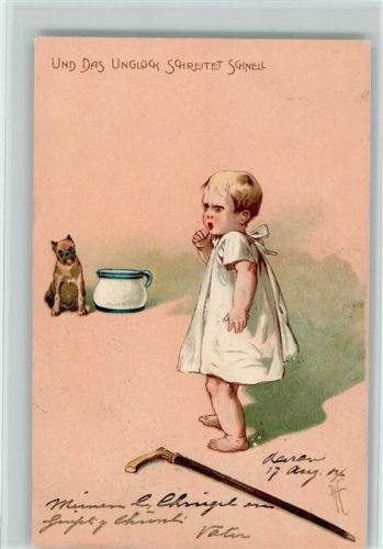 1904 Serie 3412 - Baby und ein Hund, das Baby weint , Künstlerkarte signiert