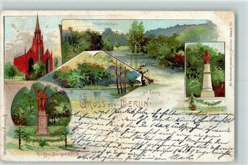Friedrichshain 1901 Denkmal Bartholomäus-Kirche Kl. Teich Kriegerdenkmal Lithographie