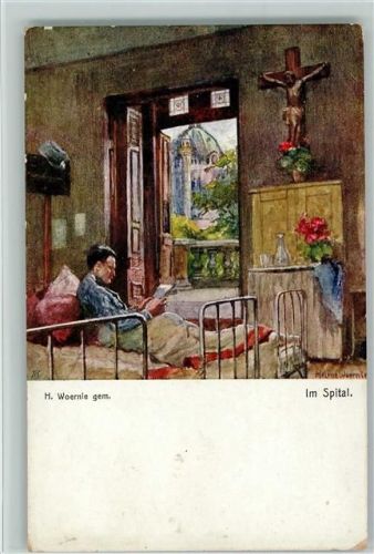 Im Spital ein Buch lesen, sign Woernle - Rotes Kreuz Nr. 556 Kriegsfürsorgeamt
