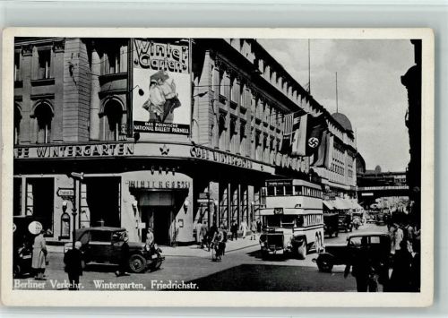 Berlin Mitte 1936 Friedrichstr. mit Hakenkreuzfahne , Autobus AK WK II