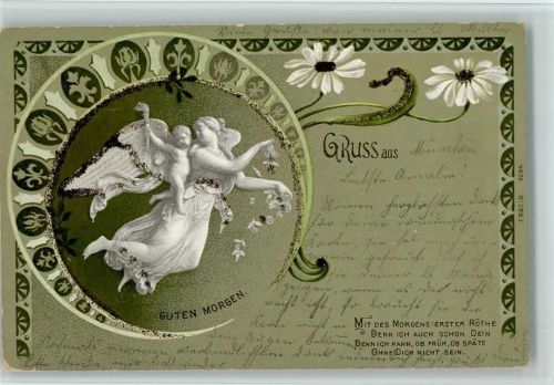 Gruss aus - Litho 1901 zwei Engel mit Fackel - Guten Morgen - Glimmer