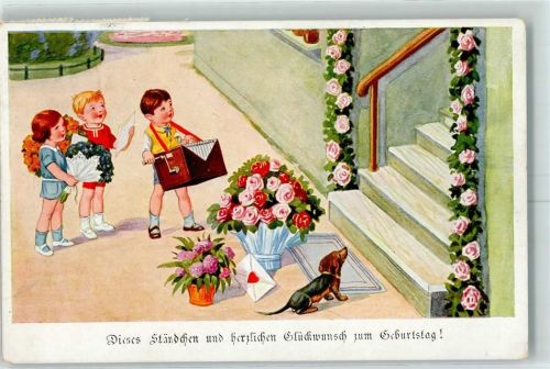 1927 Geburstag Ständchen Kind Dackel Rosen AK