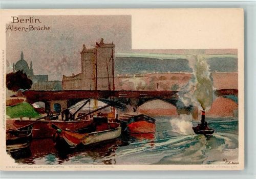 Berlin Mitte Alsen Brücke - Litho Velten 151 AK Binnenschiffe