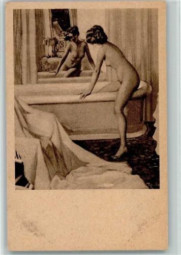 Serie I-X Nude steigt in die Badewanne - Erotik nackte Frau AK