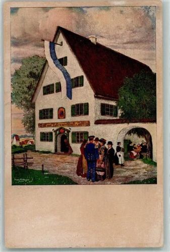 Garmisch Cafe und Tafernwirtschaft Gasthaus Fahne Trachten sign Ort handschriftlich