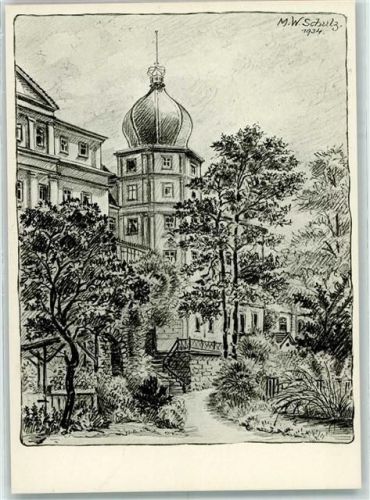 07973 O6600 Greiz Radierung Bick von der Hofgärtnerei auf Unteres Schloss sign M. W. Schulz