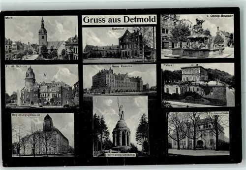 Detmold 1916 Markt Fürstl. Schloss Regierungsgebäude Bahnhof Neue Kaserne Hermanns-Denkmal v. Donop-Brunnen Palais Töchterschule