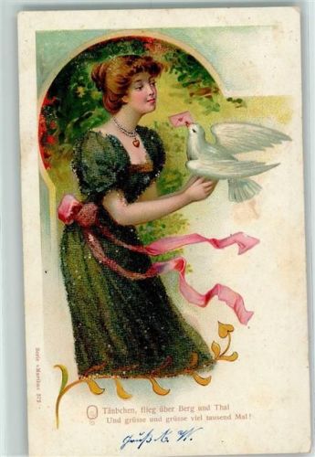 1900 AK mit Glasperlenauflage Poesie Frau mit einer Brieftaube