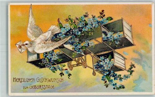 Brieftaube Geburtstag Lithographie AK Glückwunsch Flugzeug Gebrauchsspuren