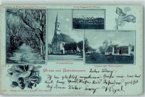 Babenhausen 1898 Laubgang im Fürsl. Fuggerschen Schlosspark Friedhofkirche Fürstl. Fuggersches Schloss Wintergarten