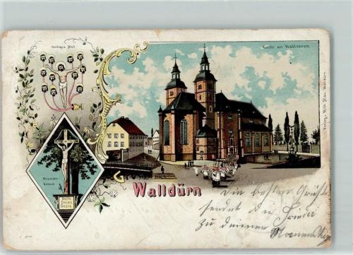 Walldürn 1901 Missionskreuz Heiliges Blut Kirche mit Wallfahrern Lithographie
