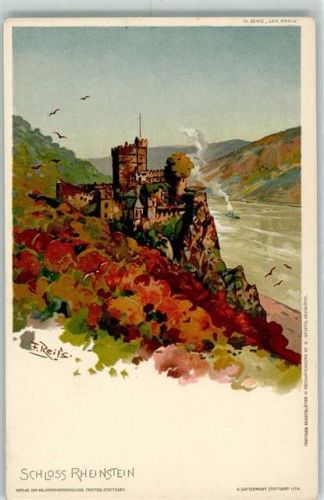 Trechtingshausen 1900 Schloß Rheinstein Verlag Freytag Kunstblätter in Postkartenform Nr. 9 II Serie " Der Rhein" AK
