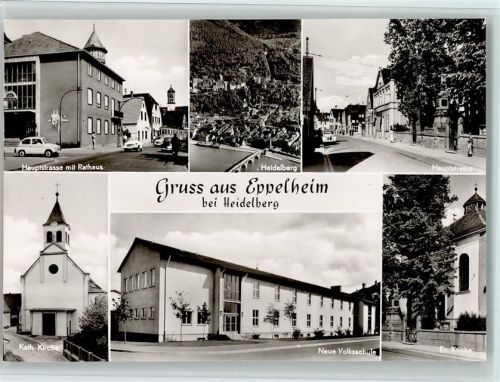 Eppelheim Verlag Edm. König 565 , Kirche, Rathaus, Schule, Hauptstraße , sehr gute Erhaltung AK
