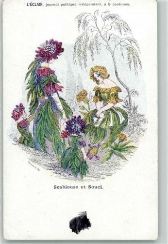 1899 sign. Grandville Werbung L`Eclair journal politique indedendant "Scabieuse et Souci" Blumen vermenschlicht