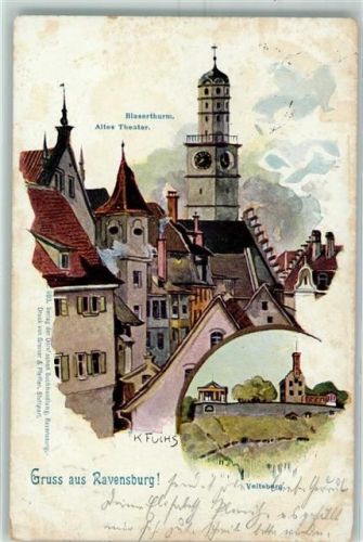 Ravensburg 1898 Blaserturm Altes Theater Veitsberg sign K. Fuchs
