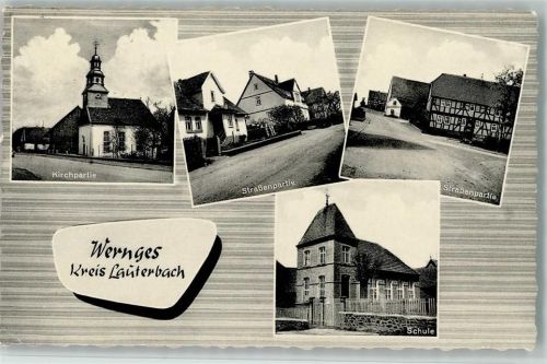Wernges Kirchpartie Straßenpartie Fachwerkhaus Schule 4-Bildaufnahme