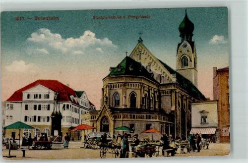 Rosenheim 1919 Stadtpfarrkirche Postgebäude Marktszene Denkmal No.4017