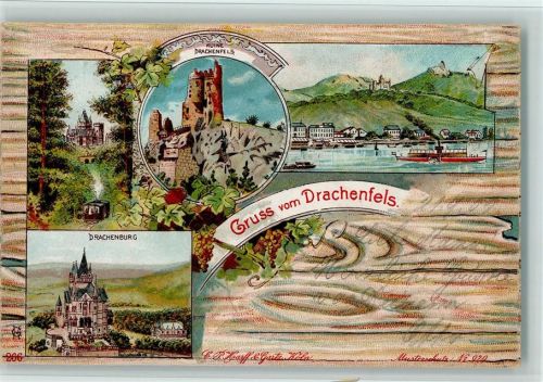 Drachenfels 1902 Ruine Drachenfels Drachenburg Ortsansichten Raddampfer 4-Bildaufnahme Bahnpoststempel Zug 315
