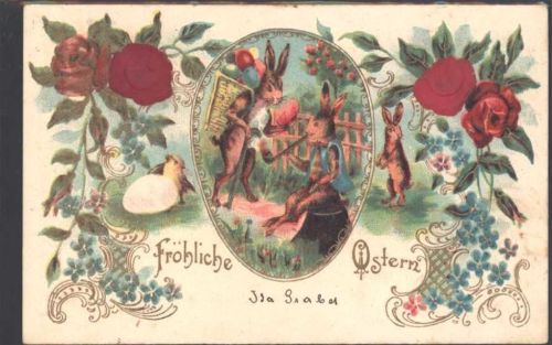 1904 Prägedruck Rosen aus Stoff, Hasen vermenschlicht AK