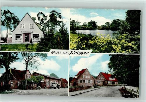 Prisser Lebensmittel v. Otto Werner, Rasthaus zur Linde, Schule, gute Erhaltung AK