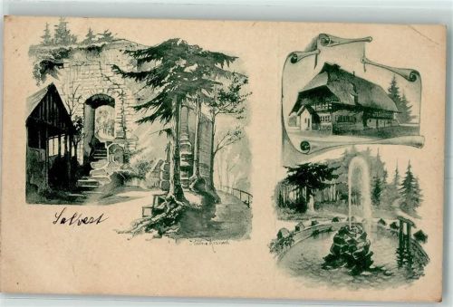 Villingen 1910 Schwarzwaldhaus Ruine Kirneck Brunnen Ort lt. Stempel Lithographie