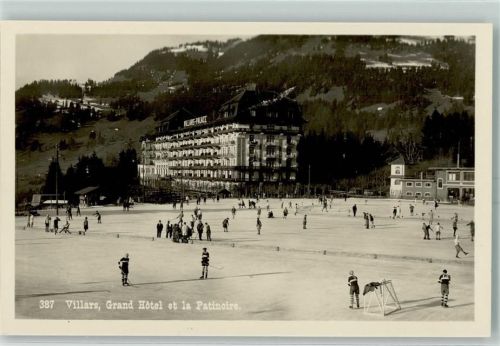 Villars-sur-Ollon 1929 Grand Hotel et la Patinoire - Eishockey Schlittschuh AK