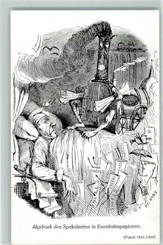 1923 Hanomag Karte Alpdruck des Spekulanten in Eisenbahpapieren Karikatur Allegorie