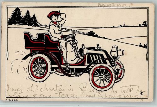 1903 Federzeichnung - Frau im Automobil, signiert