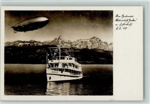 Friedrichshafen 1939 Zeppelin am Bodensee, Motorschiff "Baden" im Flaggenschmuck, Hakenkreuz WK II