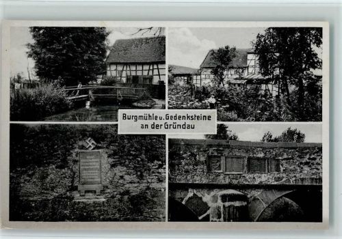 Langenselbold 1940 Burgmühle. Gedenksteine mit Hakenkreuz an der Gründau WK II